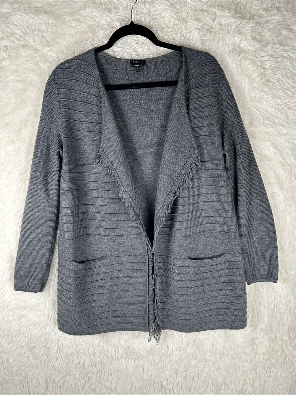 Talbots Charcoal Gray Merino Wool Open-Front Fringe Cardigan